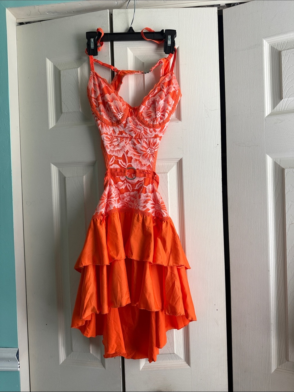 Sister Party Orange Lace Tiered Dress with Belted Waist